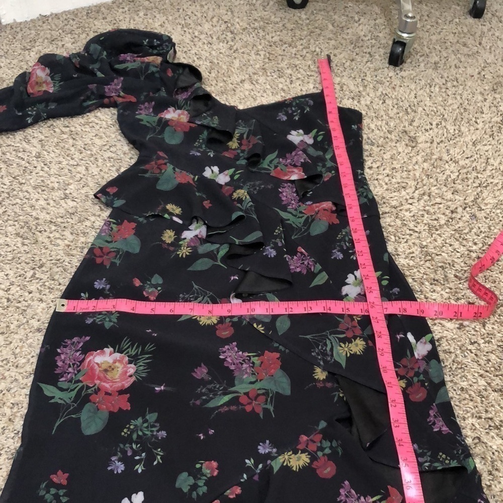 AMUR Pasqualena Midi Dress Size 10 Black Floral Ruffle Puff Sleeve One Shoulder - Picture 9 of 12